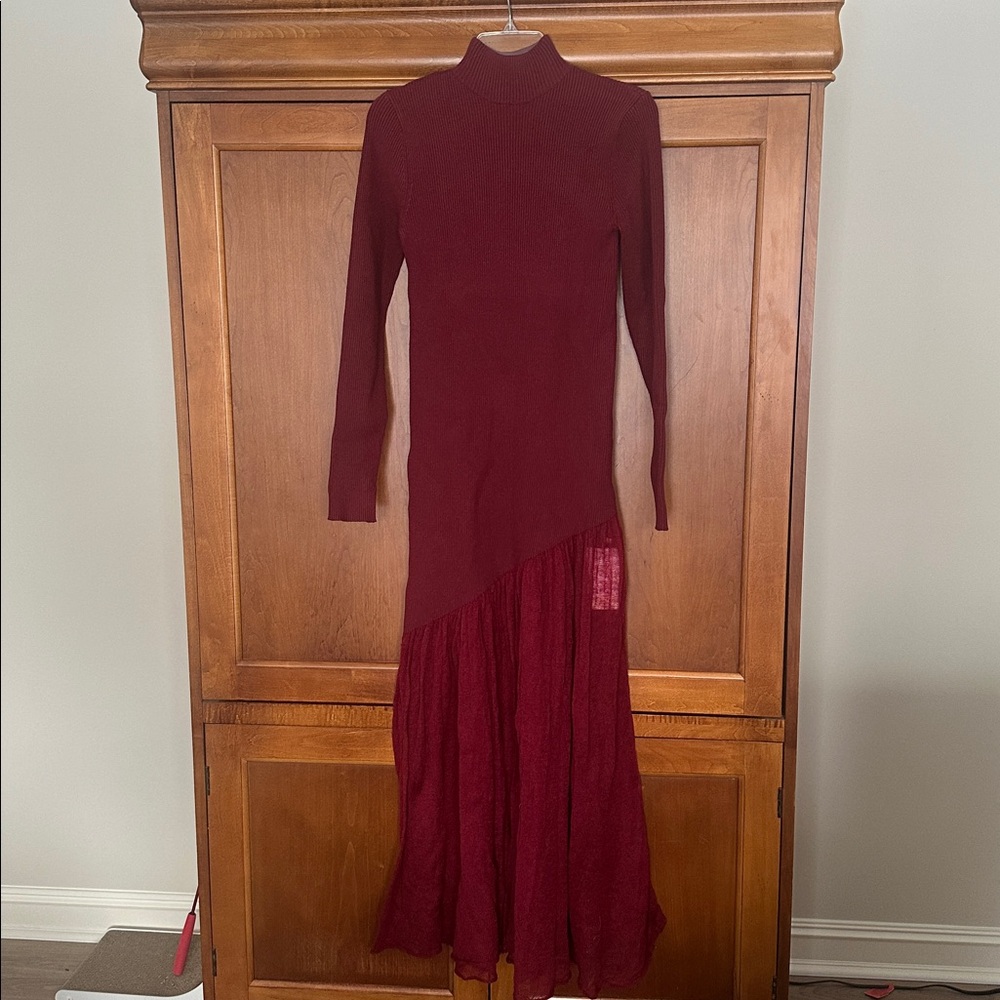 Commense Mock Neck Pleated Panel Sweater Dress Burgundy Large - Picture 2 of 5